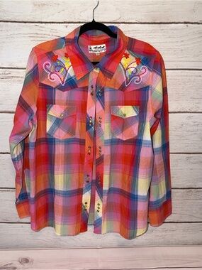 Embroidered Multicolor Plaid Western Shirt — Women’s Pink/Red Plaid Blouse